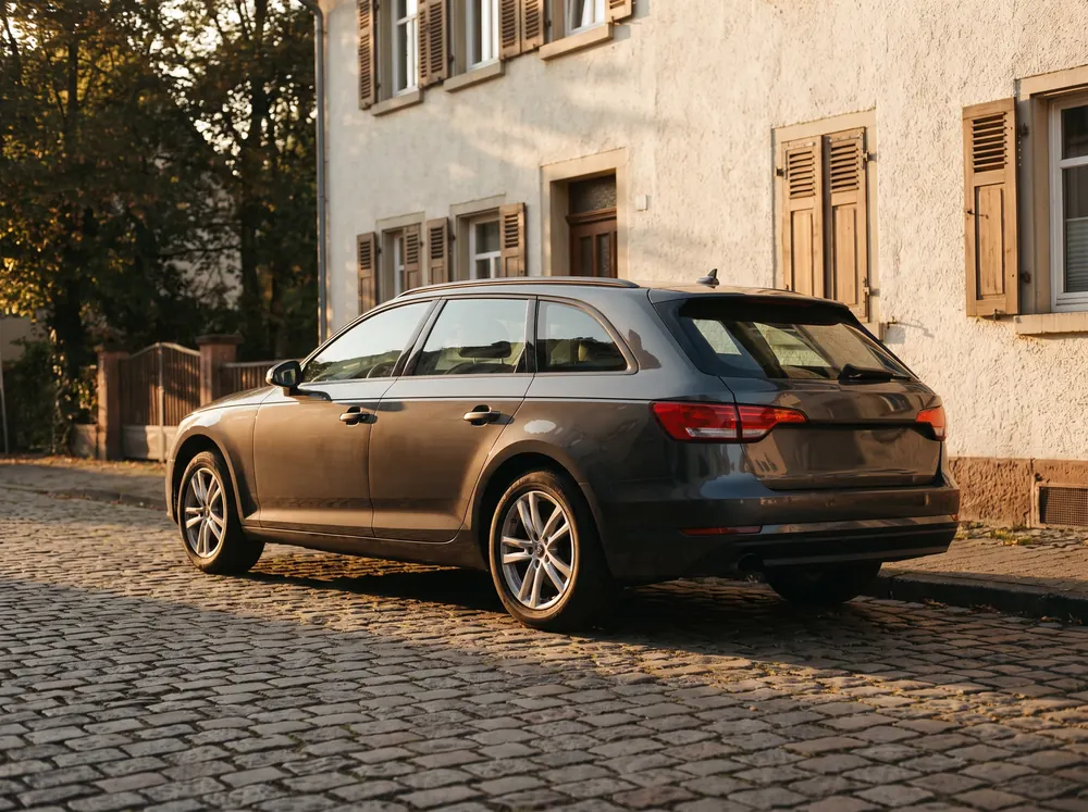 Gepflegtes Familienauto in der Einfahrt im Abendlicht als Sinnbild für eine fair finanzierte Anschaffung