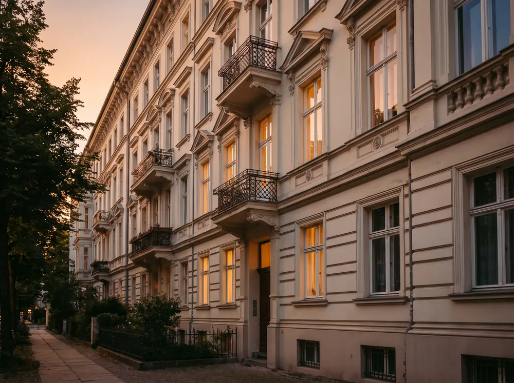 Elegante Gründerzeit-Fassade im warmen Abendlicht als Sinnbild für die Immobilie als Kapitalanlage